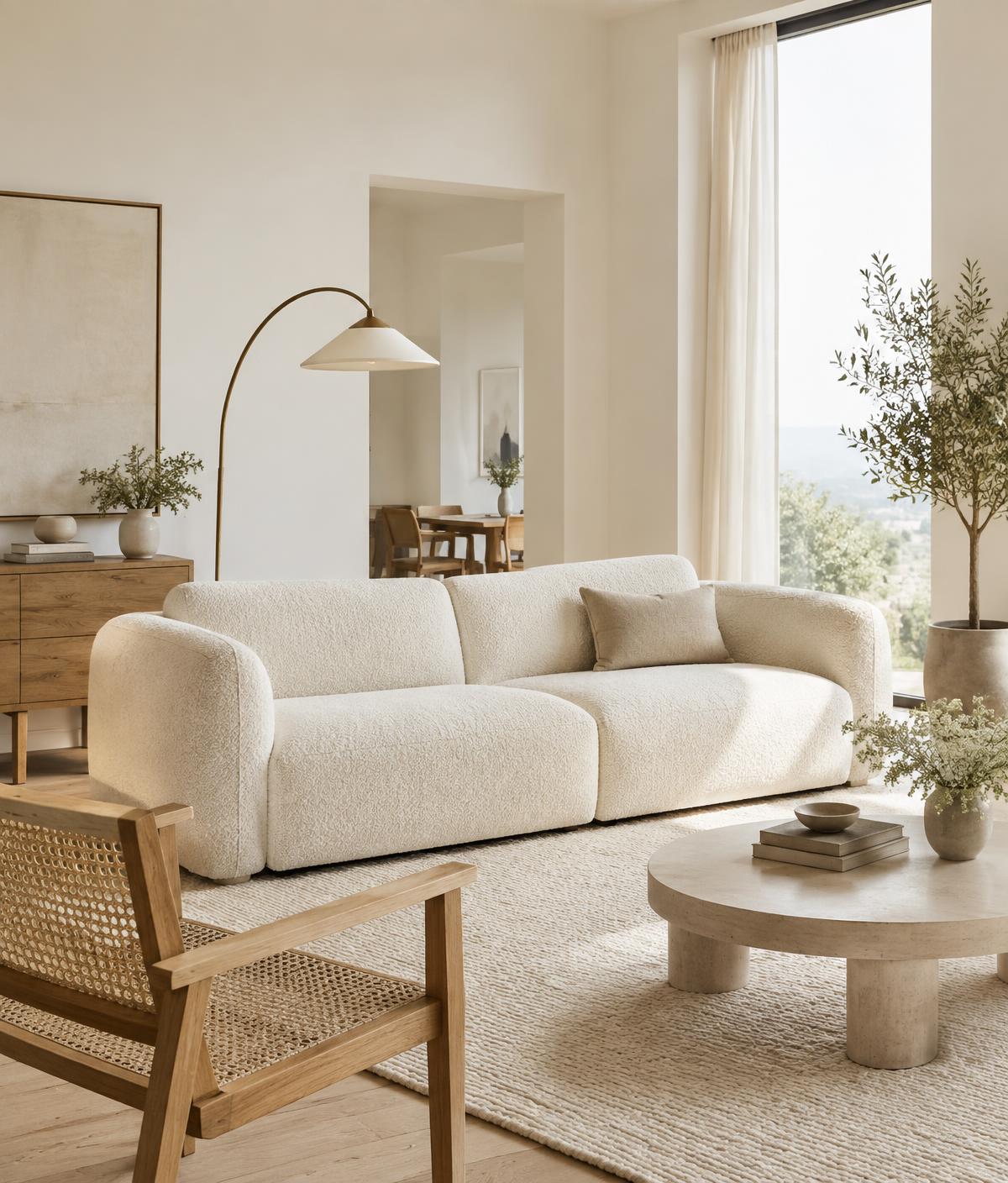 Cream bouclé sofa in a sunlit living room with oak floors