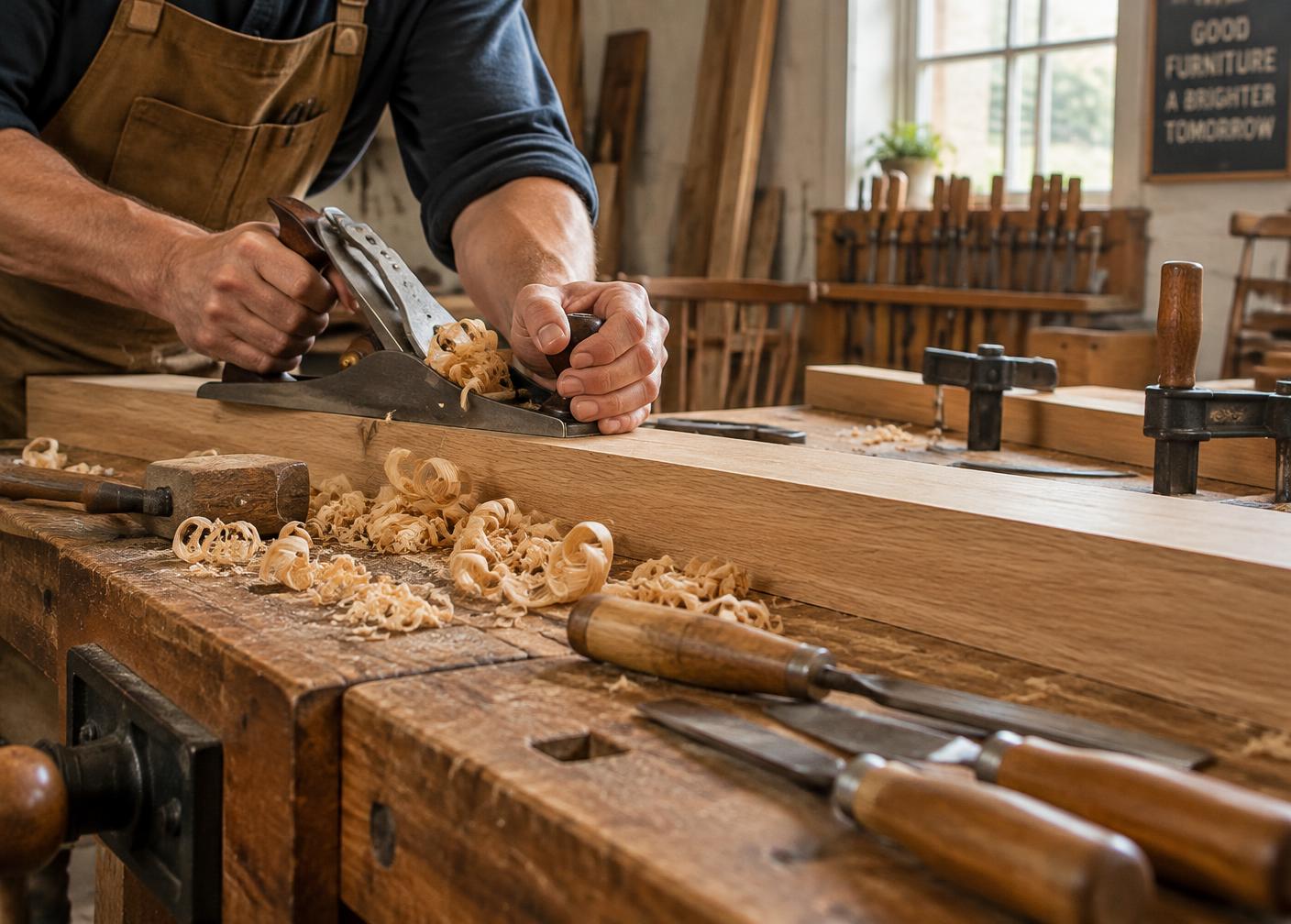 Hand tools, clamps, and an oak board on a workbench